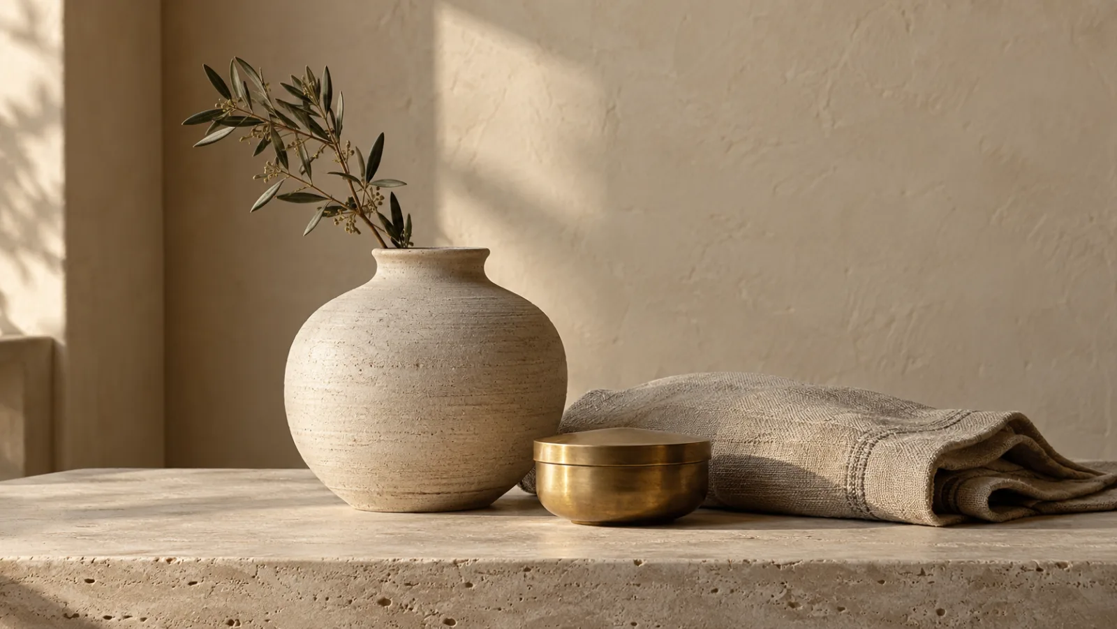 A ceramic vessel, folded linen, and brushed brass object in warm afternoon light