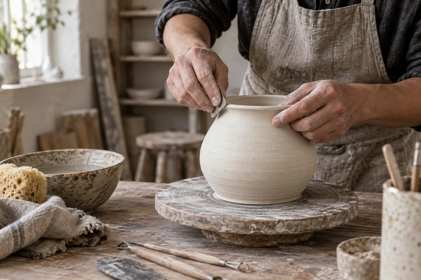 An artisan finishing the rim of a ceramic vessel at a pottery workbench