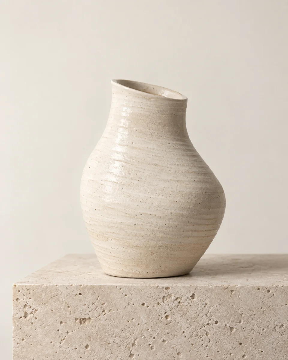A hand-thrown off-white ceramic vessel on pale limestone